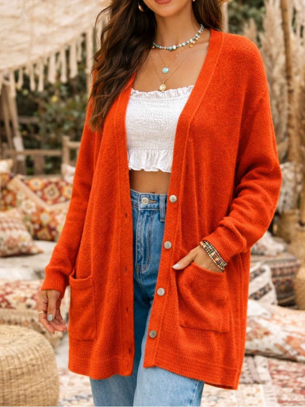 J. Jill Lightweight Linen Cotton Blend Cardigan Vibrant Orange Beachy Boho